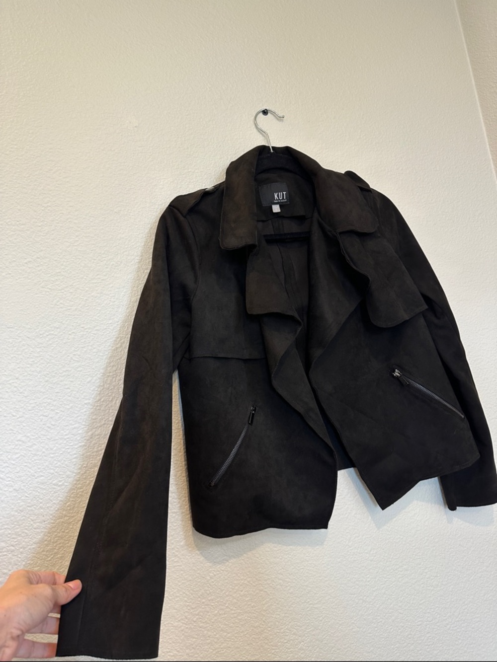 KUT from the Kloth Black Faux Suede Jacket Draped Waterfall Moto Soft